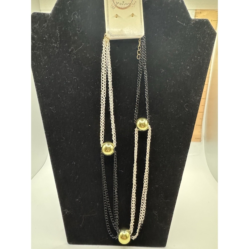 Princess Accessories Black White Gold Multi Strand Necklace Stud Earring Set NEW